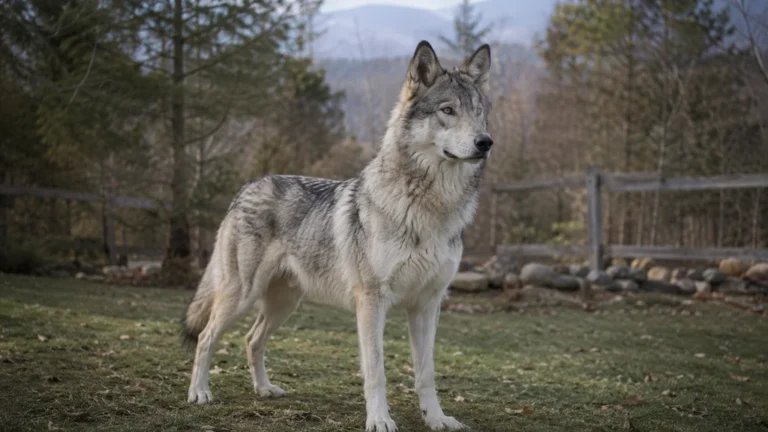 Chien Nordic Timber à l’allure de loup dans un grand espace extérieur clôturé