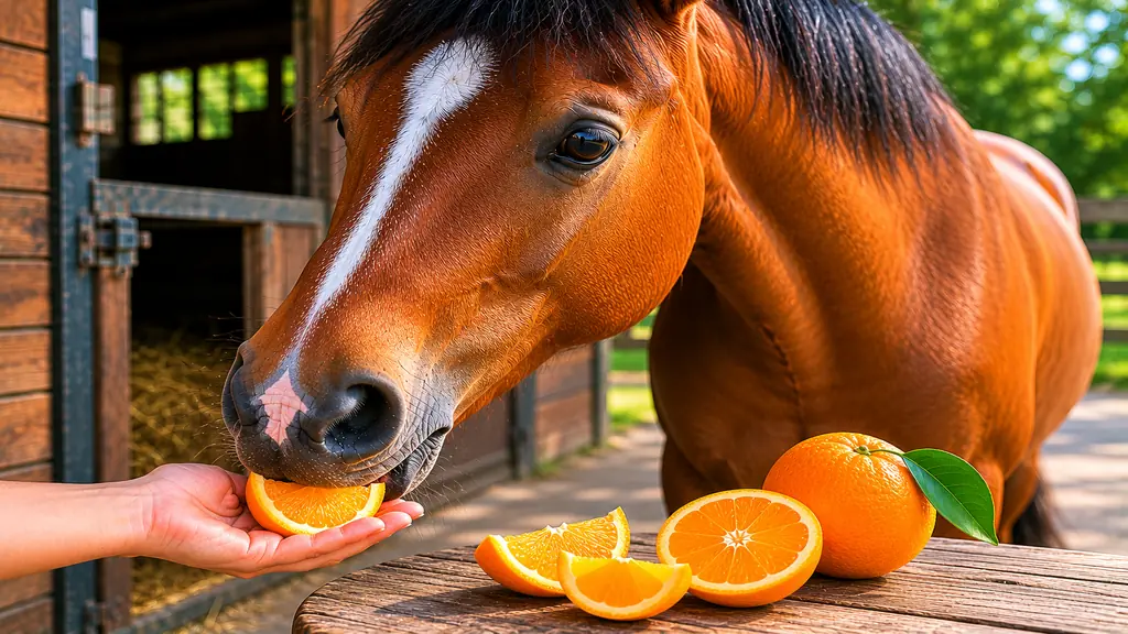 Cheval mangeant un quartier d’orange donné à la main près d’une écurie.