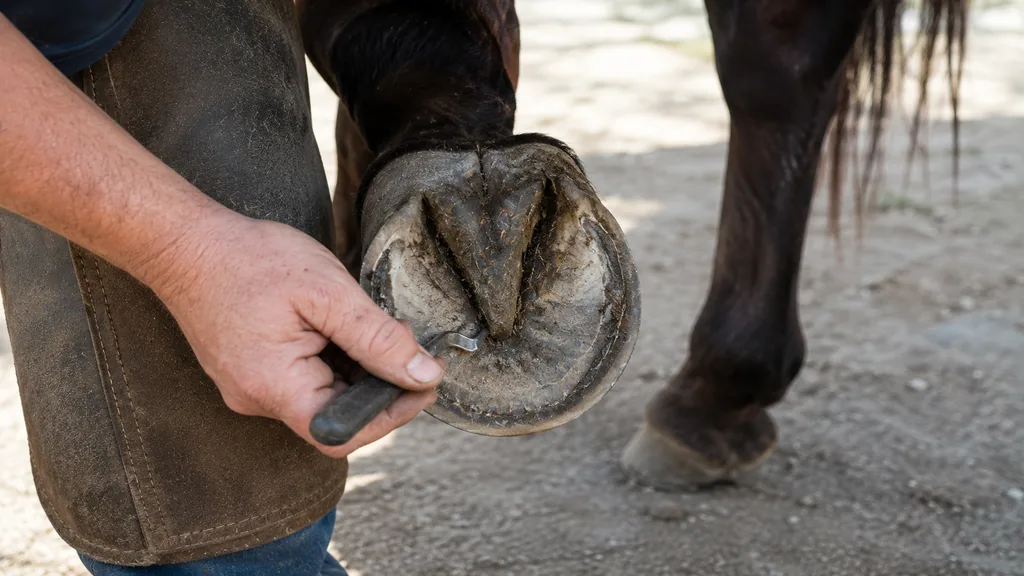 Personne inspectant et curant le dessous du sabot d’un cheval pour identifier la sole, la fourchette et la paroi.