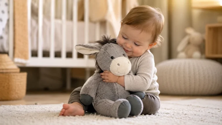Bébé câlinant une peluche âne douce dans une chambre lumineuse