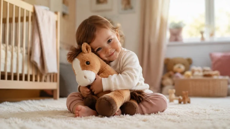 Enfant câlinant une peluche cheval douce dans une chambre lumineuse