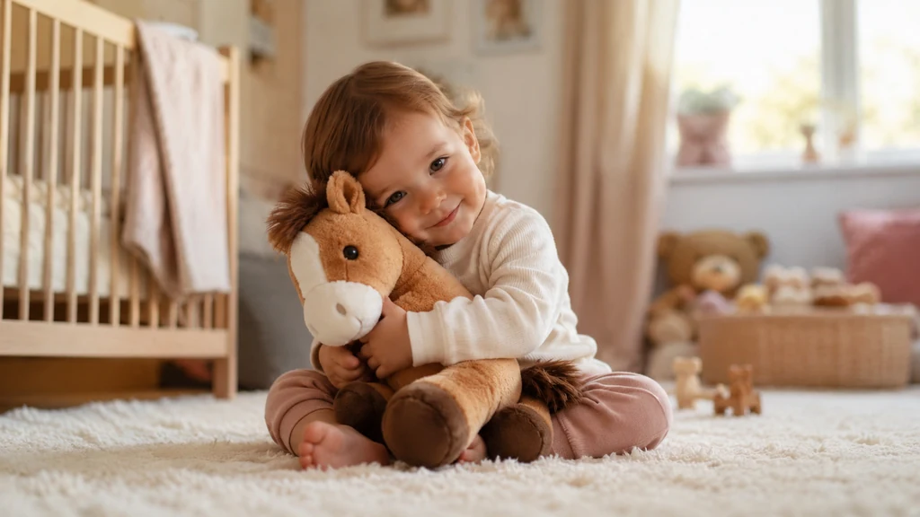 Enfant câlinant une peluche cheval douce dans une chambre lumineuse