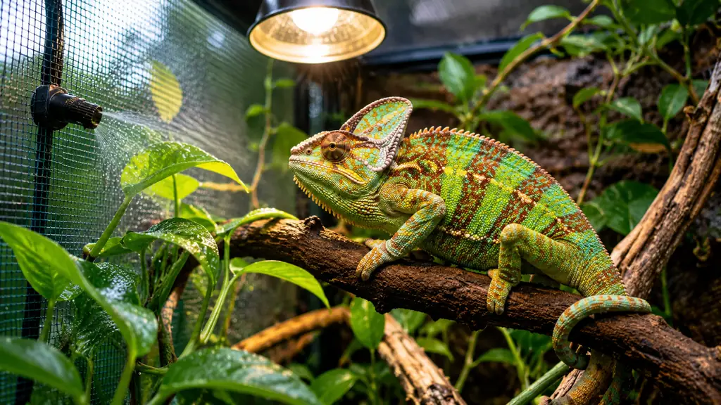 Caméléon coloré dans un terrarium équipé de plantes, branches, lampe chauffante et brumisateur