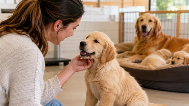 Chiot Golden Retriever dans un élevage avec une future propriétaire