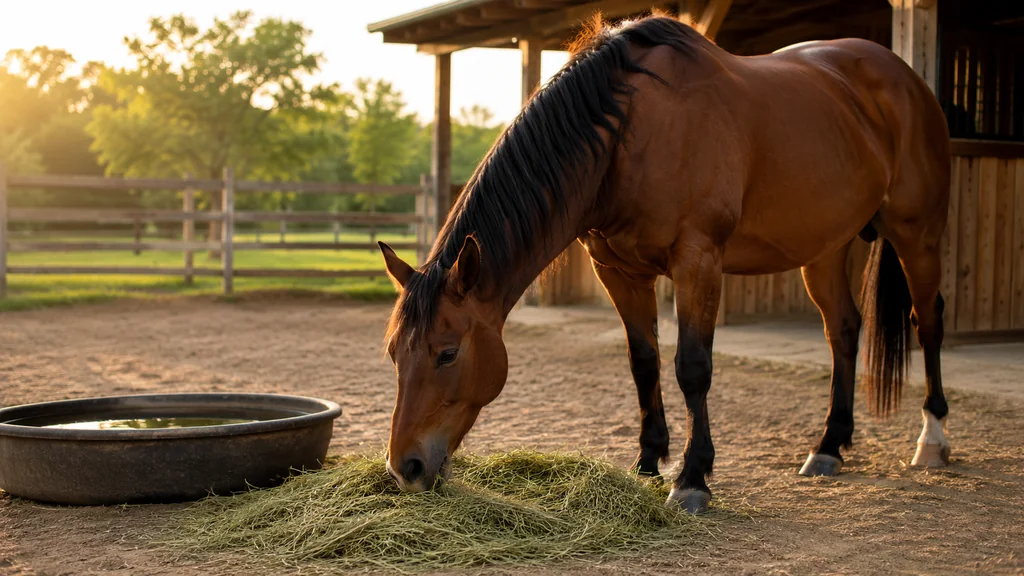 Cheval mangeant du foin près d’un abreuvoir dans un paddock au coucher du soleil