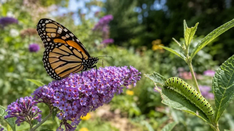 Papillon adulte butinant une fleur pendant qu’une chenille mange une feuille dans un jardin