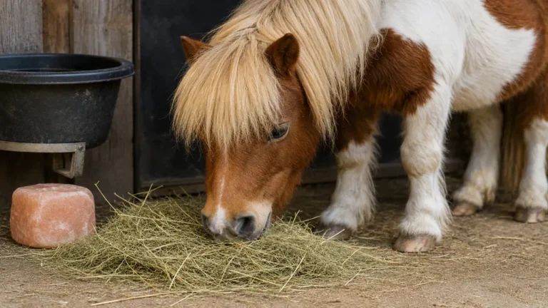 Poney mangeant du foin dans une écurie avec un bloc de sel et un seau d’eau à proximité.