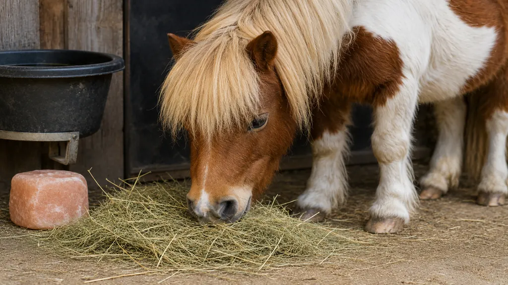 Poney mangeant du foin dans une écurie avec un bloc de sel et un seau d’eau à proximité.