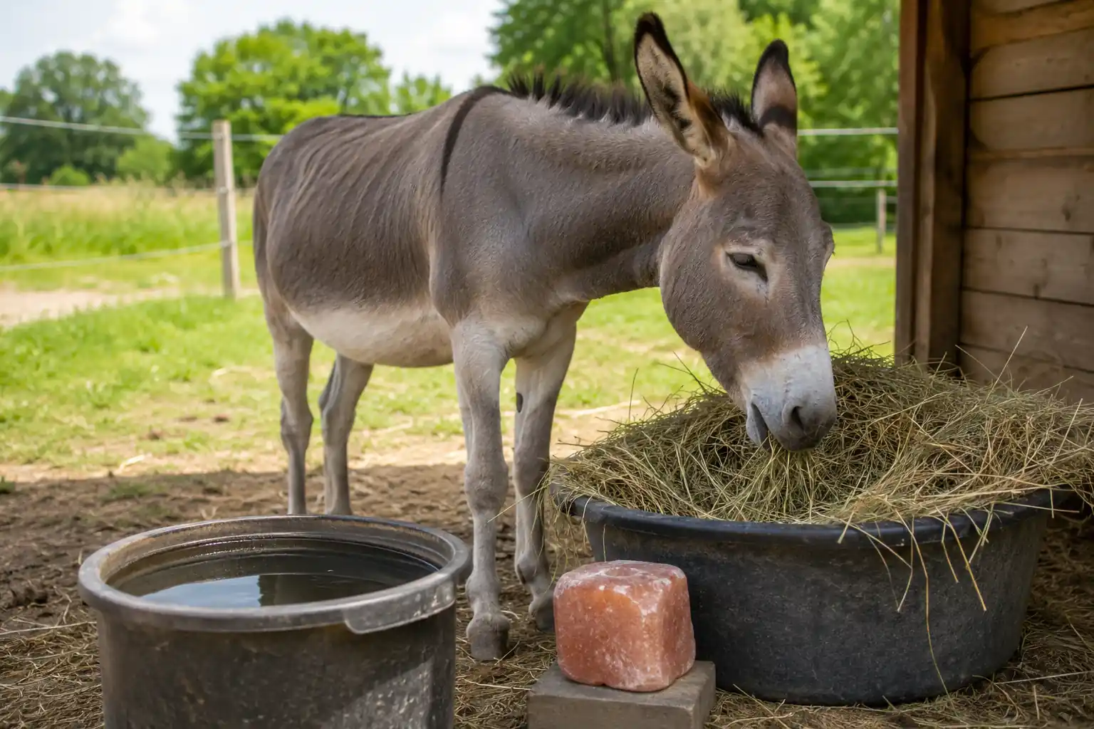 Âne mangeant du foin dans un enclos avec eau propre et bloc de sel minéral, alimentation adaptée aux besoins nutritionnels de l’âne