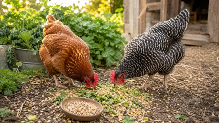 Poules picorant des graines et des végétaux dans une cour de poulailler ensoleillée