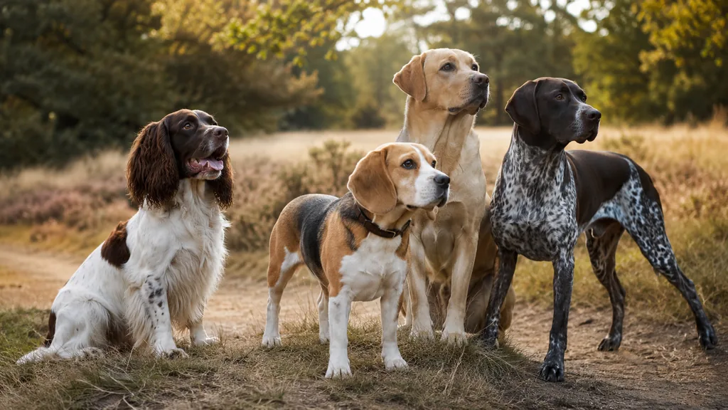 Plusieurs races de chiens de chasse posant dans un chemin de campagne