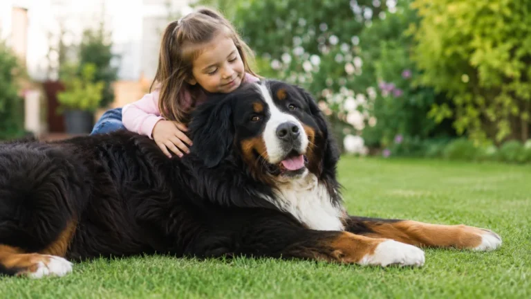 Grand chien gentil allongé dans un jardin avec une enfant qui le caresse doucement