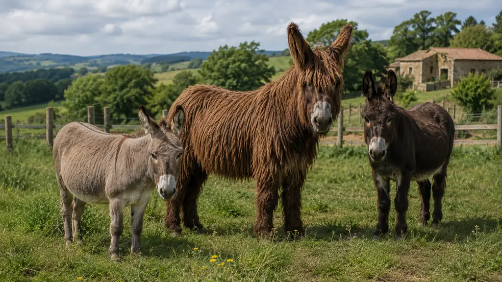 Plusieurs races d’ânes françaises dans un pré rural avec paysages vallonnés