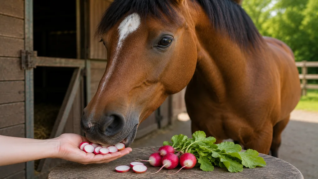 Cheval mangeant quelques morceaux de radis donnés à la main près d’une écurie.