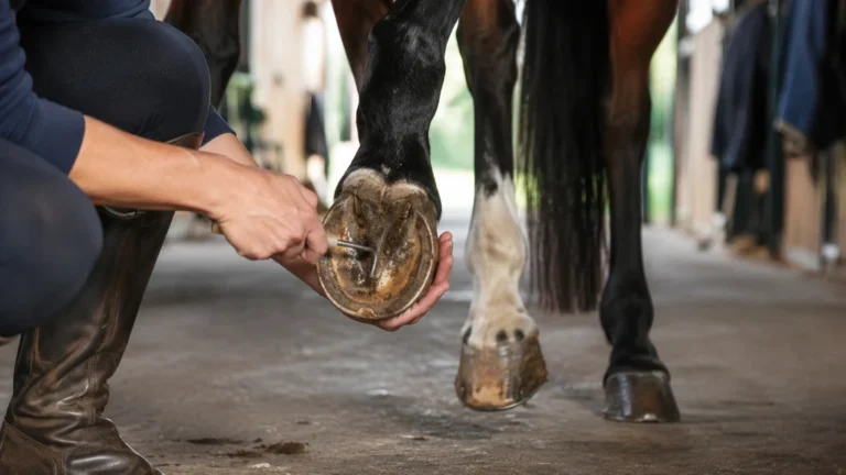 Cavalier nettoyant le sabot d’un cheval avec un cure-pied dans une écurie