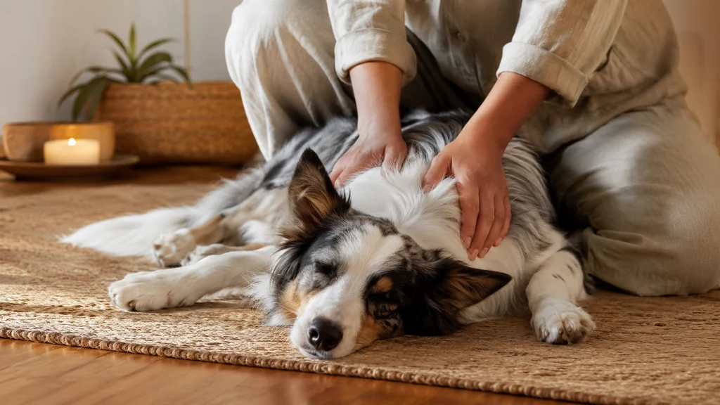 Chien détendu pendant une séance de shiatsu canin dans un intérieur calme
