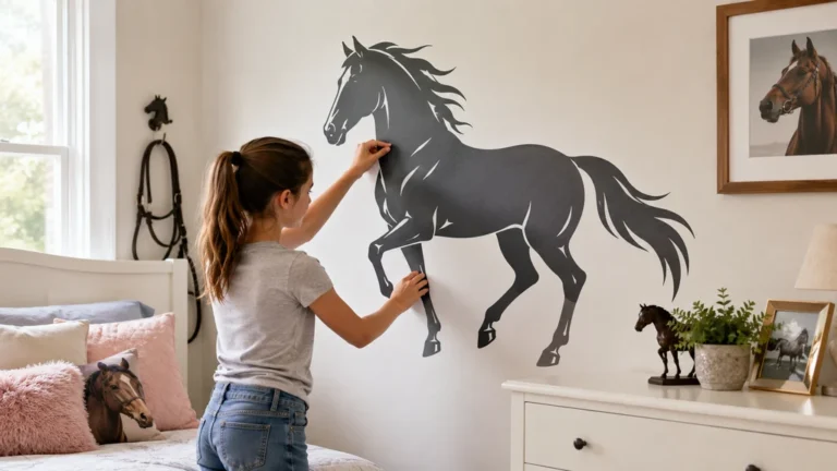 Jeune fille posant un grand sticker cheval sur le mur d’une chambre lumineuse