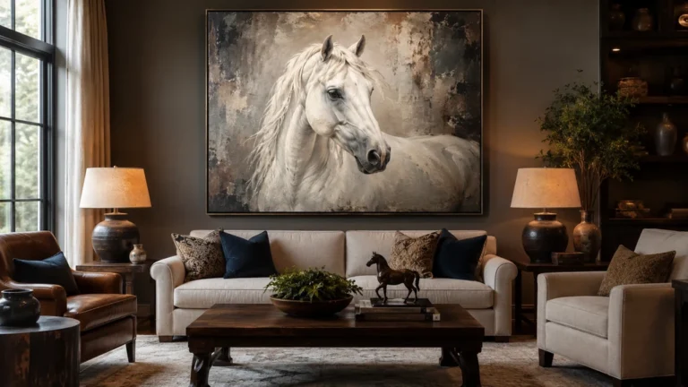 Grand tableau de cheval blanc accroché dans un salon élégant et chaleureux