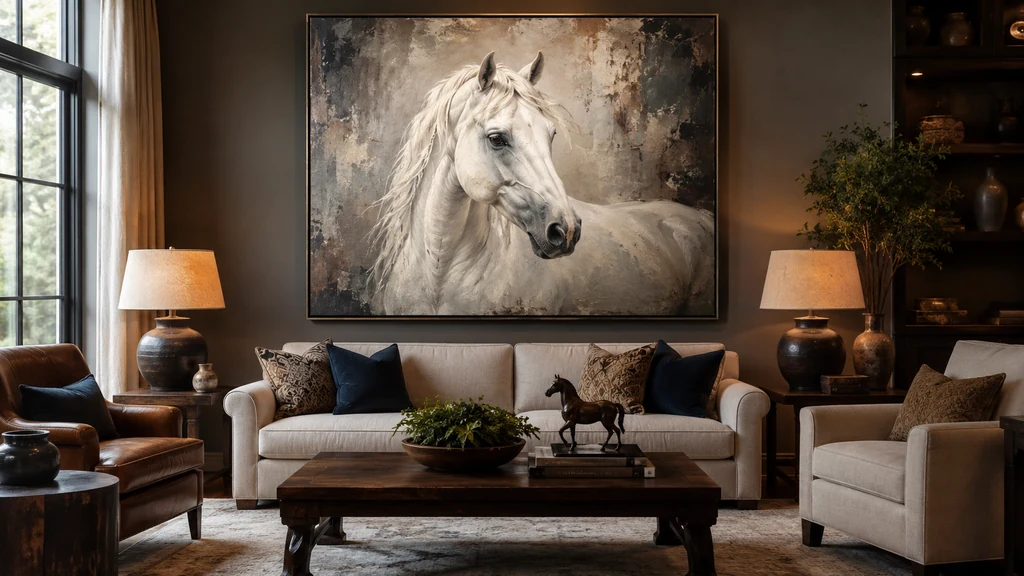 Grand tableau de cheval blanc accroché dans un salon élégant et chaleureux
