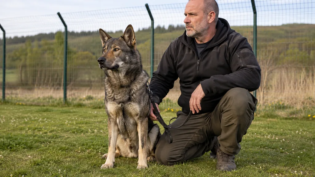 Chien de type Timber Shepherd assis aux côtés de son maître dans un terrain clôturé