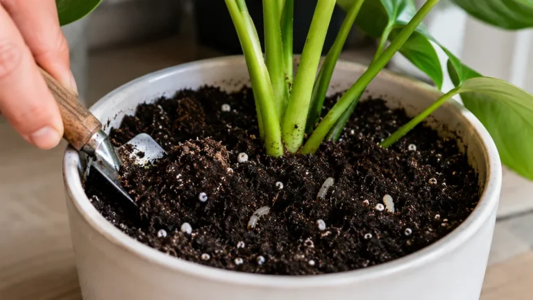 Larves blanches visibles dans le terreau humide d’une plante en pot
