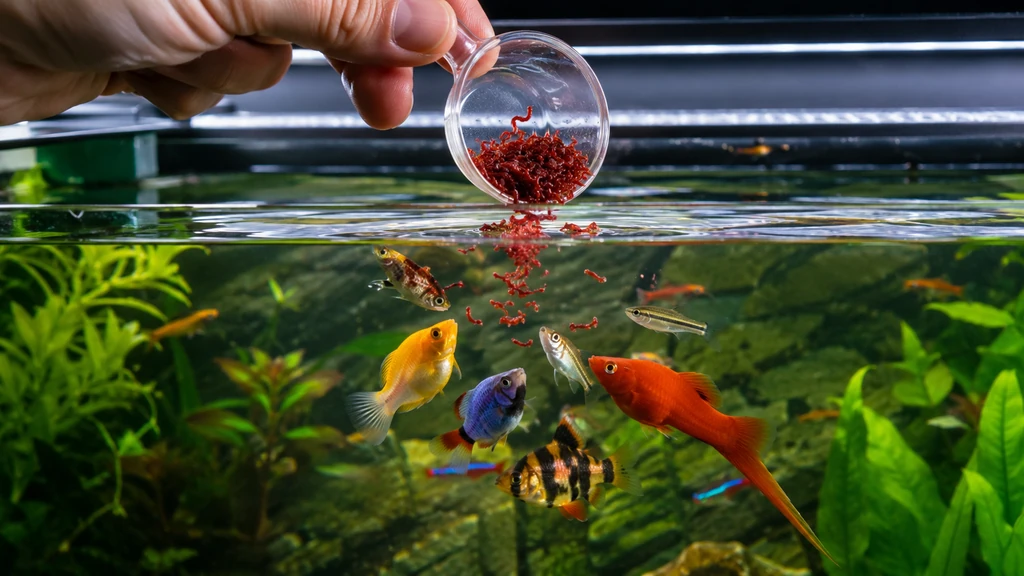 Vers de vase rouges distribués dans un aquarium avec des poissons tropicaux