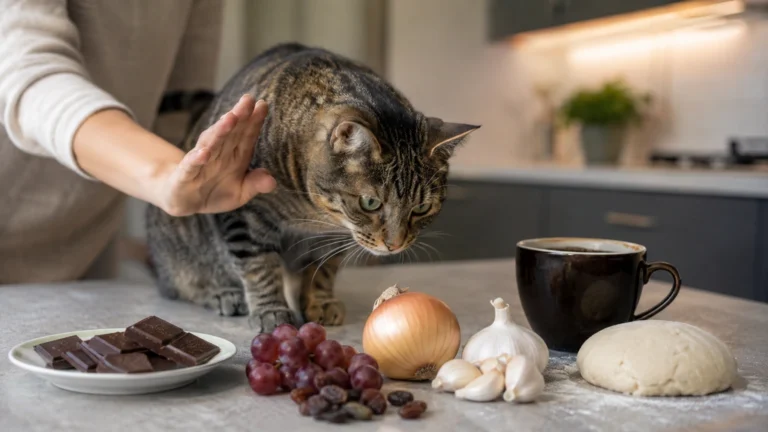 Chat curieux tenu à l’écart du chocolat, du raisin, de l’oignon, de l’ail et du café dans une cuisine