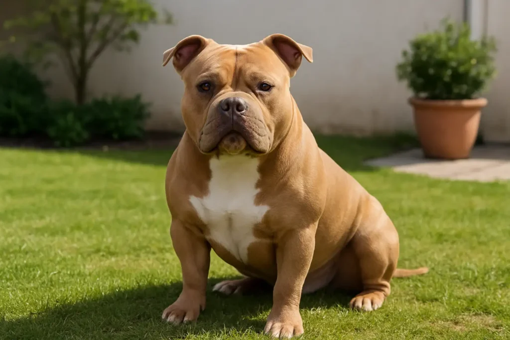 American Bully adulte au physique musclé, dans un jardin lumineux