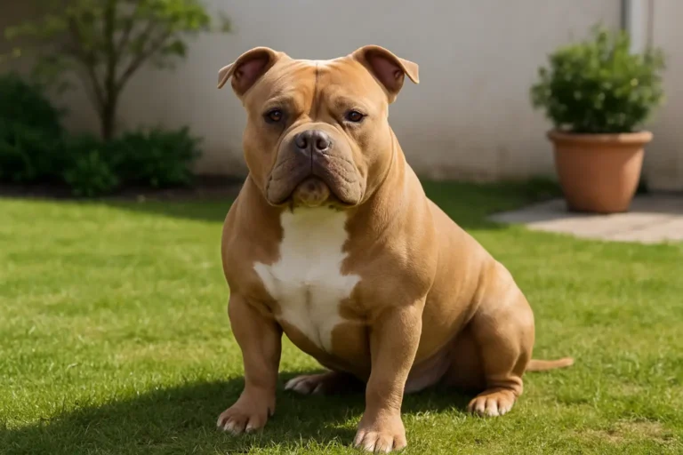 American Bully adulte au physique musclé, dans un jardin lumineux