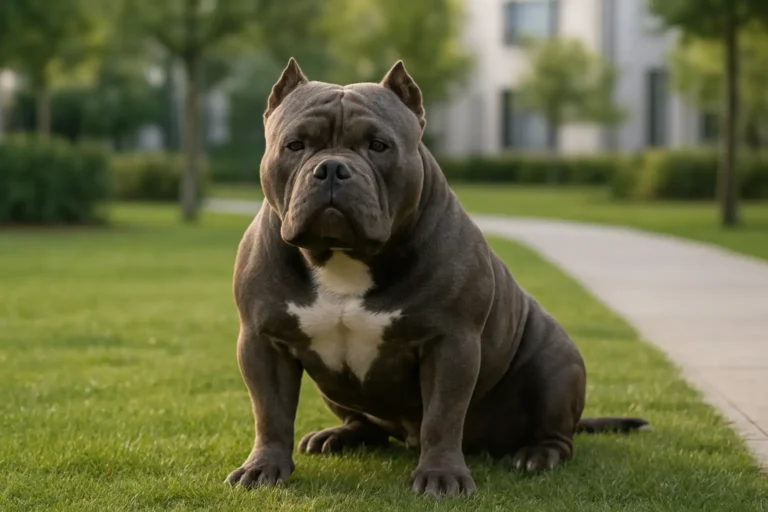 American Bully XL adulte au gabarit massif dans un cadre extérieur calme