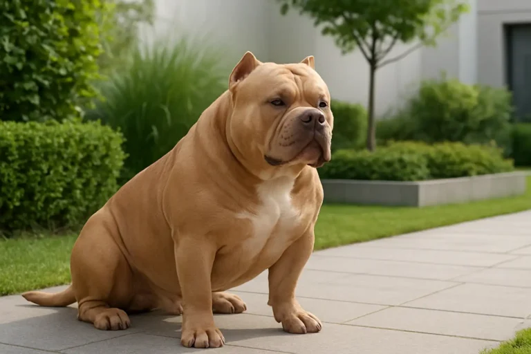 American Bully XXL adulte assis calmement dans un jardin lumineux