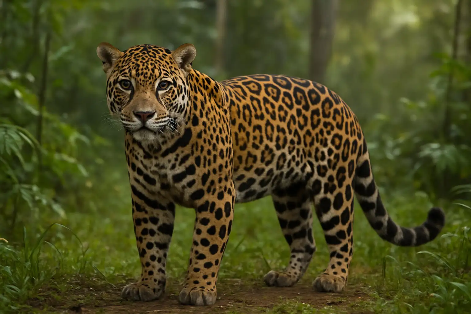 Jaguar tacheté en milieu naturel, photographié de façon réaliste en format horizontal