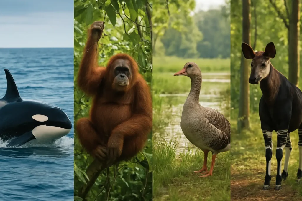 Quatre animaux commençant par O : une orque, un orang-outan, une oie et un okapi