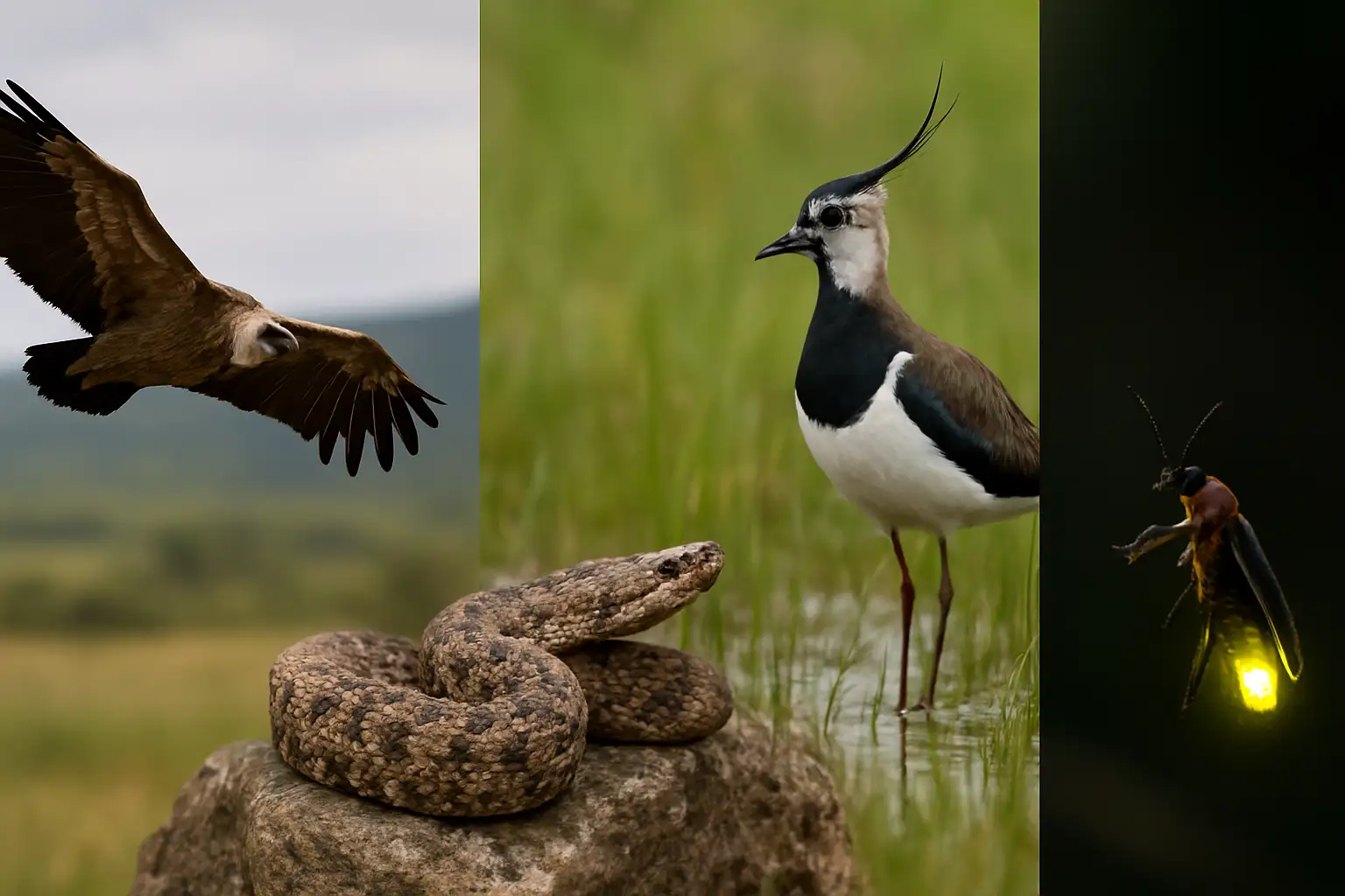 Sélection d’animaux commençant par V : vautour, vipère, vanneau huppé et ver luisant