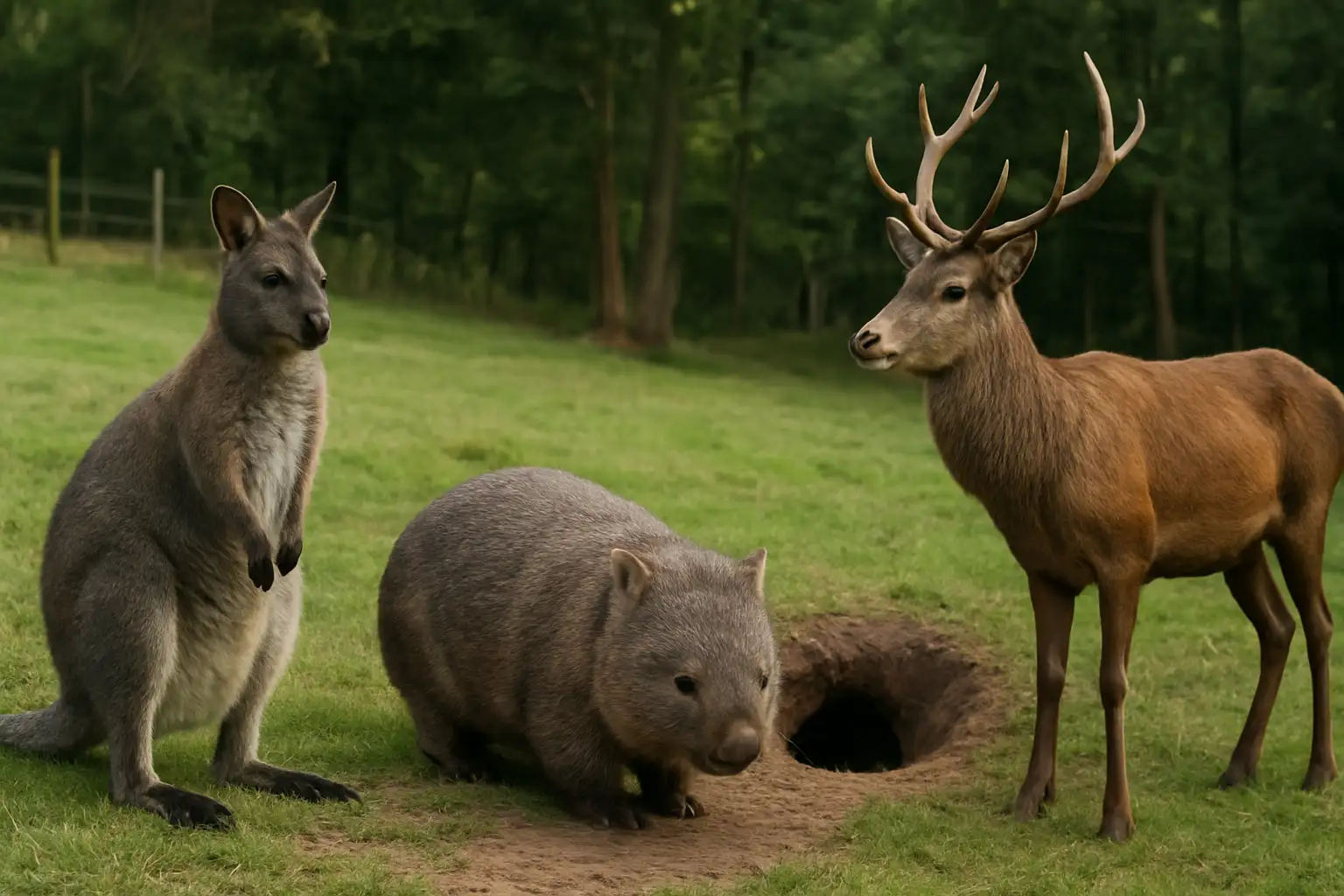 Wallaby, wombat et wapiti dans une scène naturelle réaliste