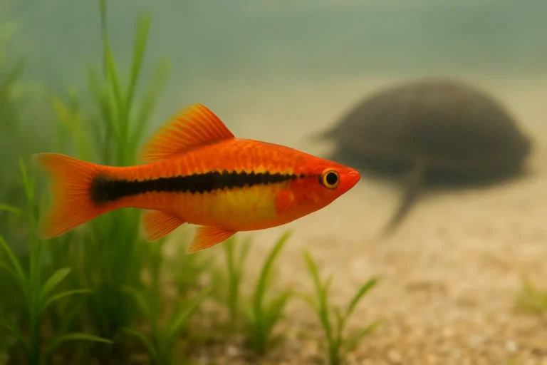 Xiphophore dans un aquarium planté, avec une limule en arrière-plan flou.