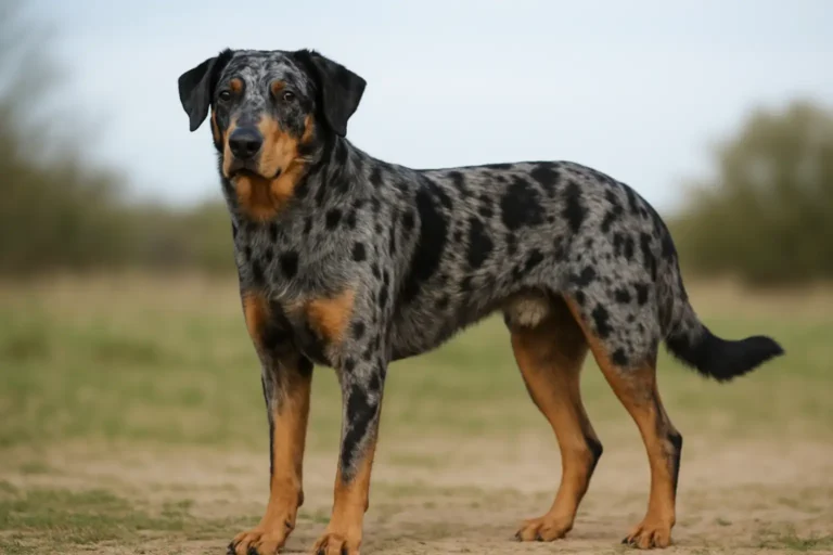 Beauceron arlequin adulte à la robe gris-bleu bigarrée avec marques fauves