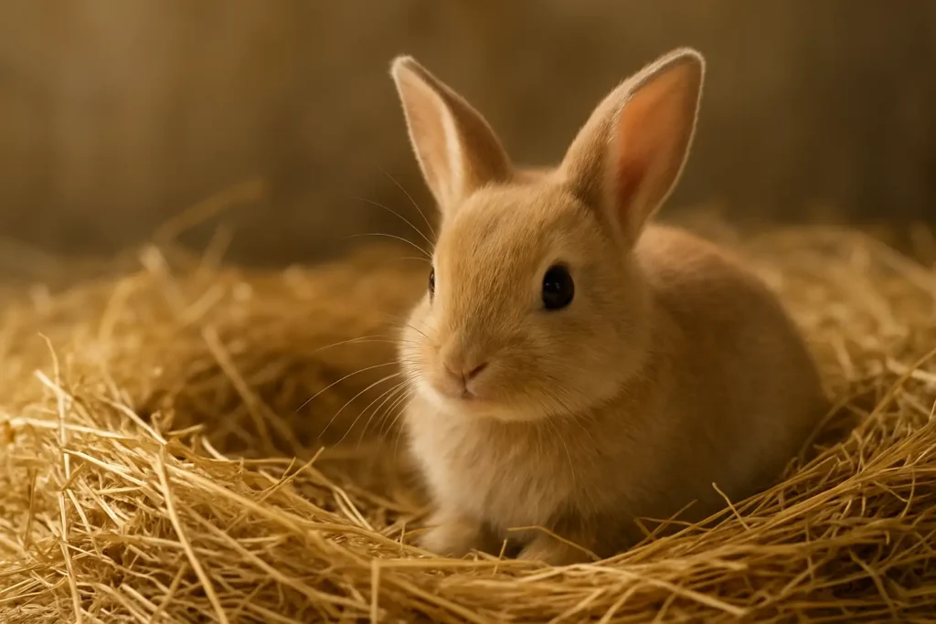 Un bébé lapin dans un nid propre avec du foin