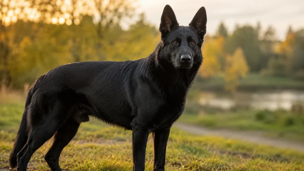 Berger allemand noir debout dans la nature au coucher du soleil