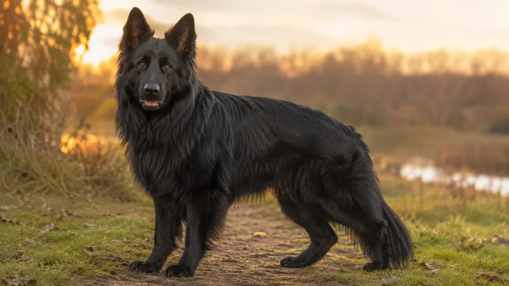 Berger allemand noir à poil long debout dans la nature au coucher du soleil