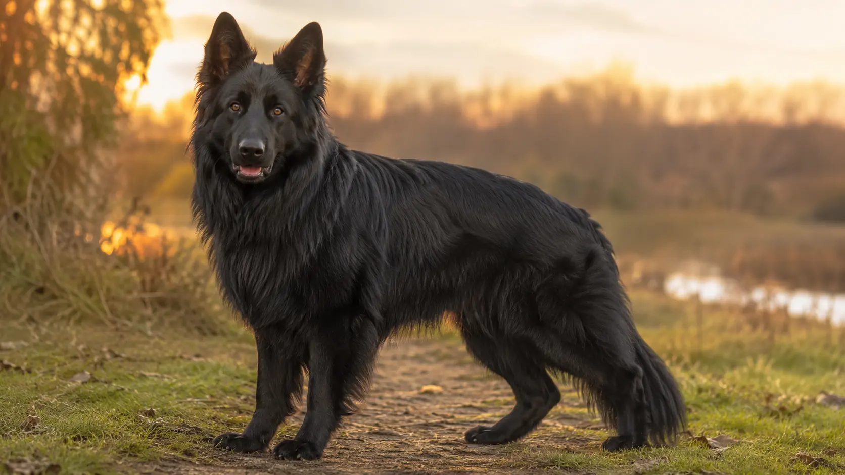 Berger allemand noir à poil long debout dans la nature au coucher du soleil