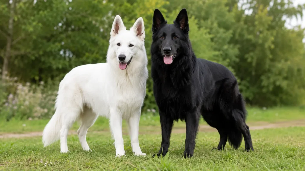 Berger blanc suisse et chien noir de type berger réunis dans un parc