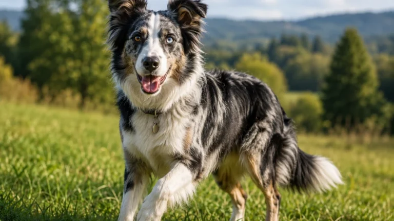 Border Collie croisé Berger Australien courant dans une prairie