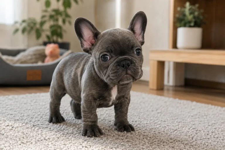 Petit Bouledogue français gris debout dans un salon moderne
