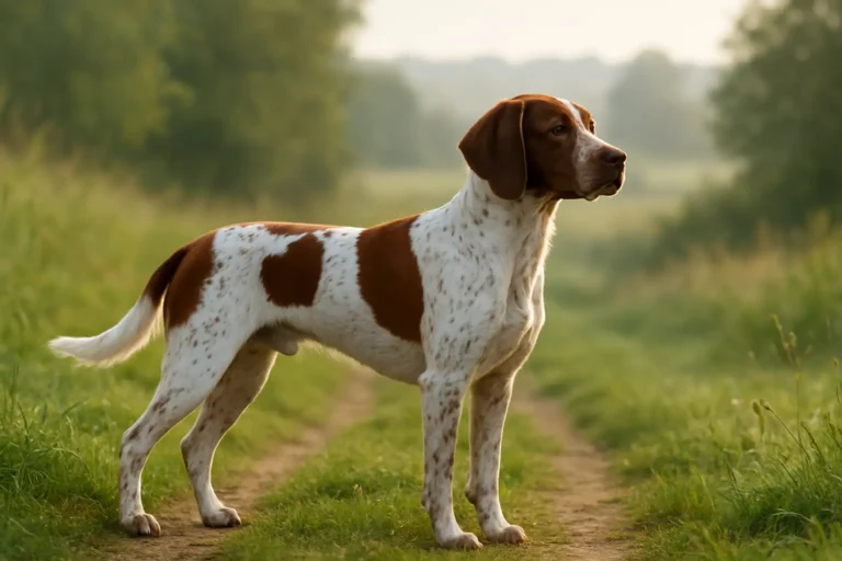 Braque français adulte en campagne, chien d’arrêt au pelage blanc et marron