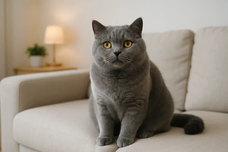British Shorthair adulte au pelage bleu gris, assis calmement sur un canapé clair