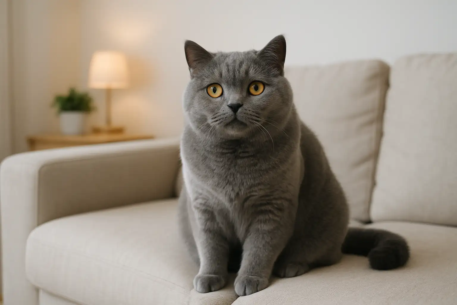 British Shorthair adulte au pelage bleu gris, assis calmement sur un canapé clair