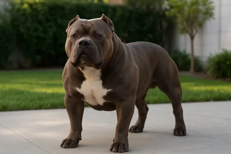 American Bully XXL adulte au gabarit puissant dans un jardin