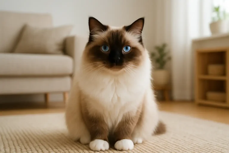 Chat de Birmanie au pelage mi-long, avec gants blancs et yeux bleus, dans un intérieur lumineux