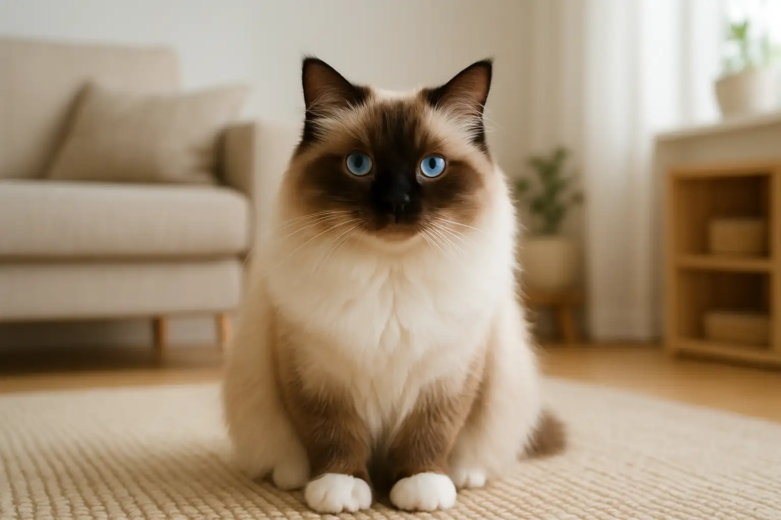 Chat de Birmanie au pelage mi-long, avec gants blancs et yeux bleus, dans un intérieur lumineux